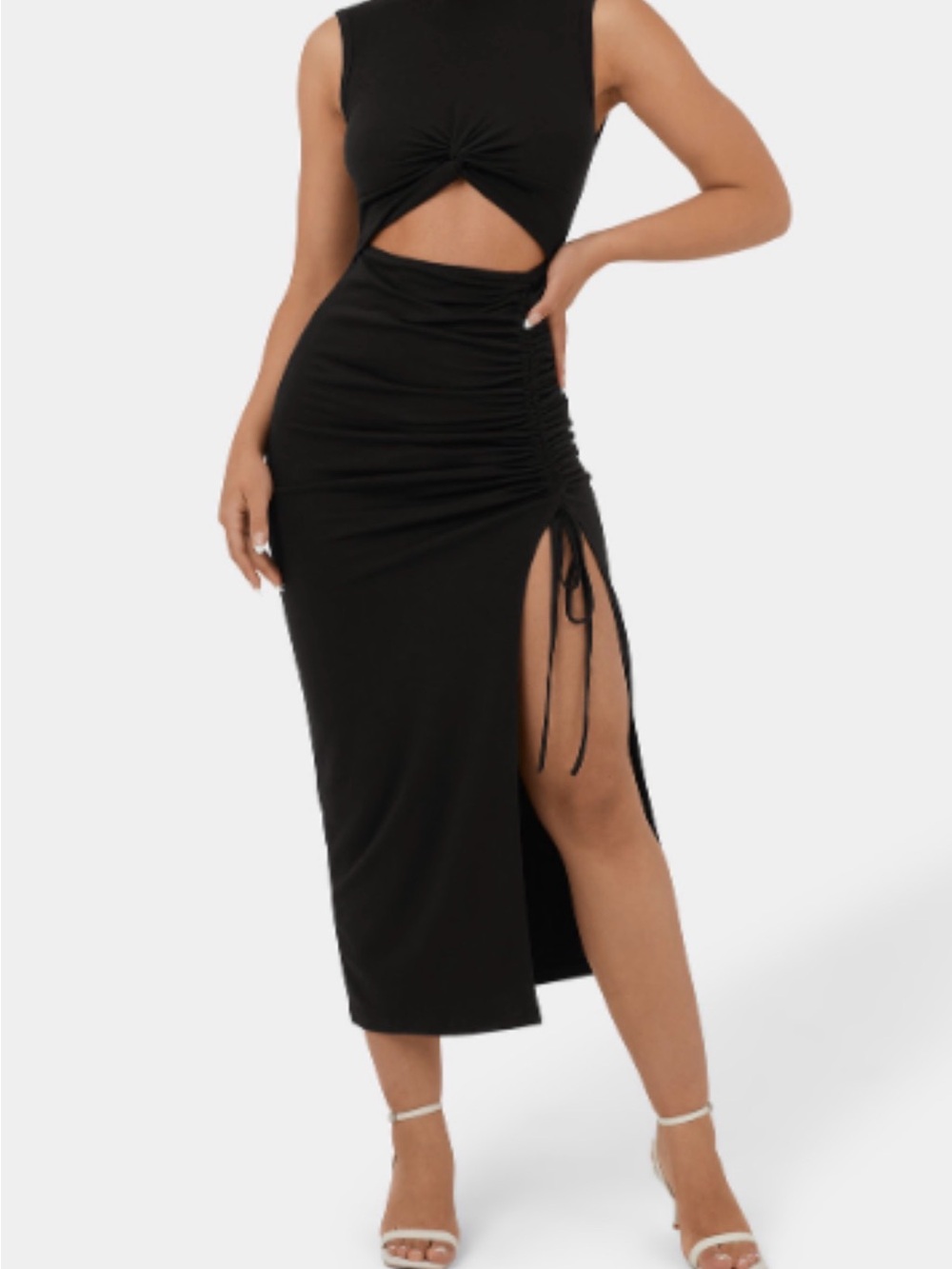 Black Ruched Side-Slit Midi Skirt - Women